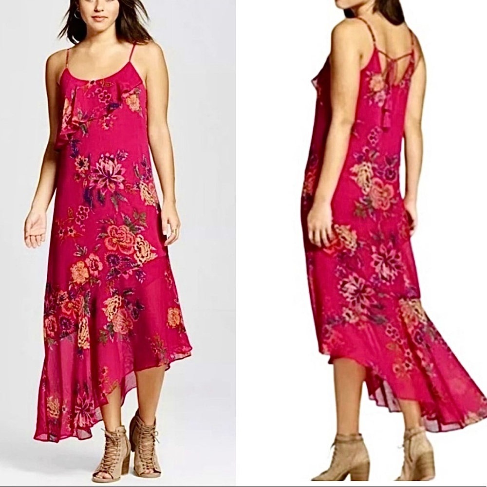 Xhilaration Asymmetrical Pink Floral Maxi Dress